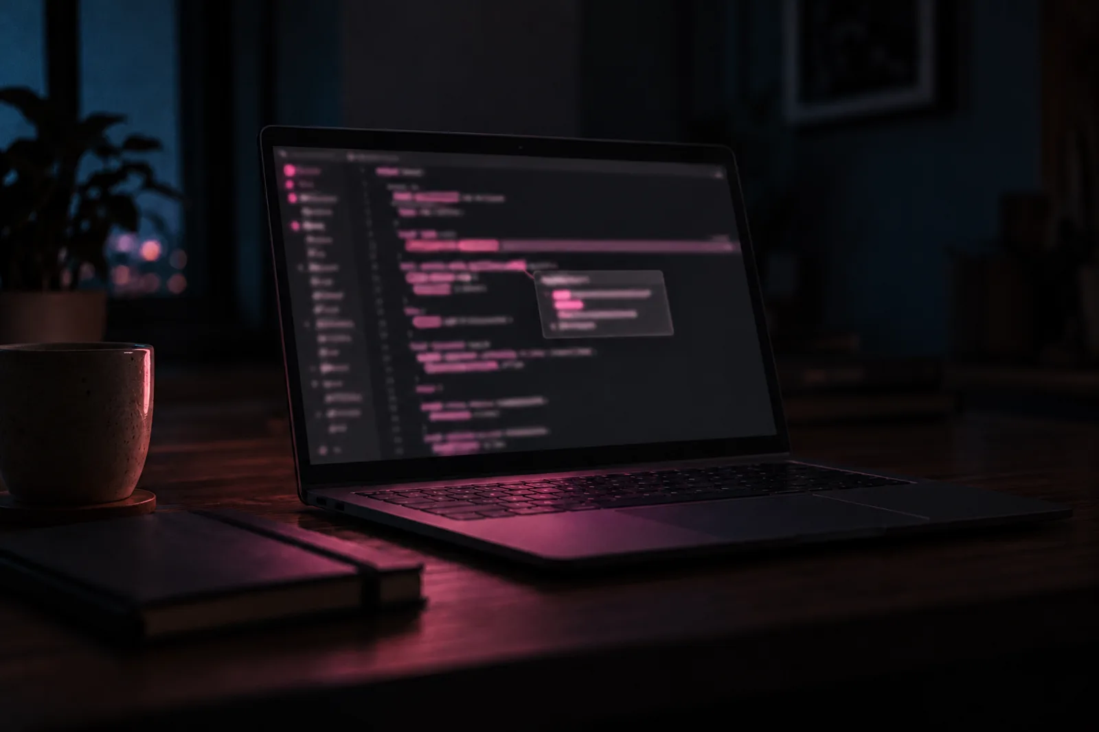 A laptop glowing on a dark wooden desk at night, a code editor on its screen with pink highlights and a type hint open over one line, a mug and a notebook beside it